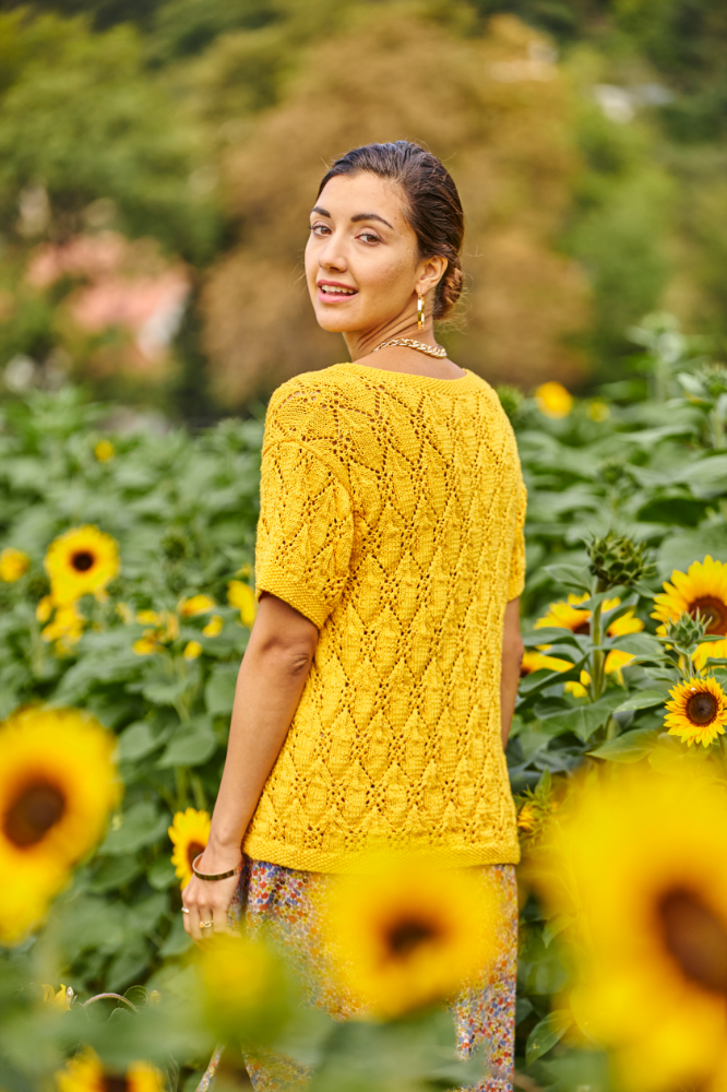 Kurzarmjäckchen mit Ajourmuster in gelb | Wollpaket mit Basic Cotton | Stricken