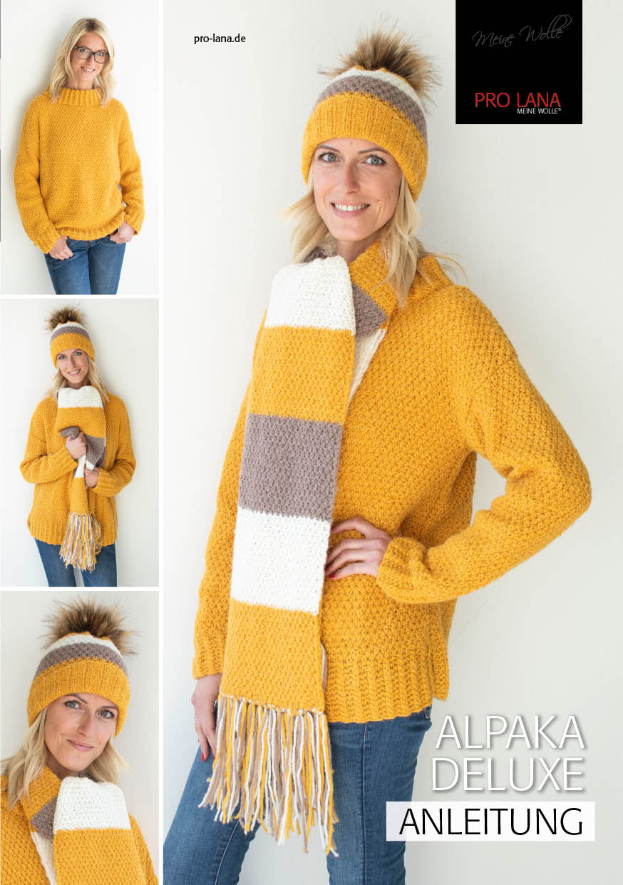 Damenpulli mit Mütze und Schal | Wollpaket mit Alpaka deluxe | Stricken