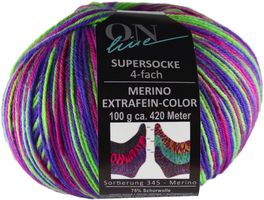 Supersocke 100 Merino Color, 4-fach von ONline Sort. 345 - 2890 - lila/rosa/neongrün