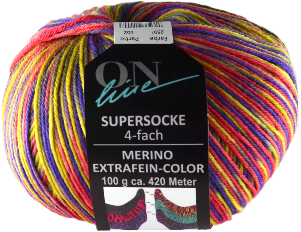 Supersocke 100 Merino Color, 4-fach von ONline Sort. 345 - 2891 - lila/rot/gelb