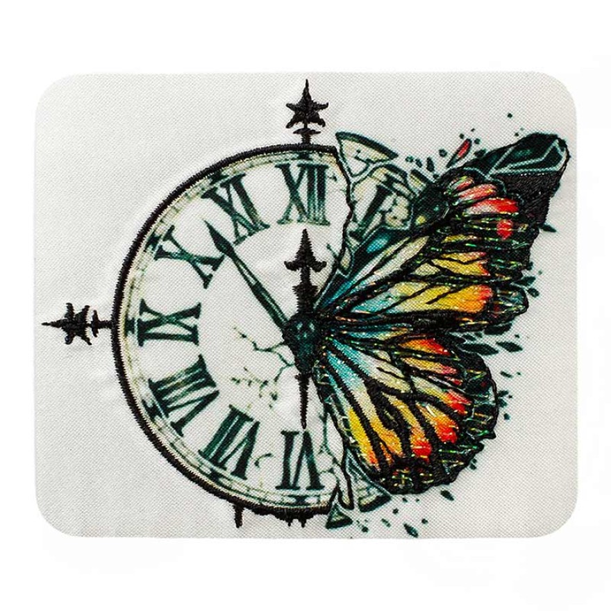 Applikation Schmetterling mit Uhr farbig 1 Stück zum Aufbügeln von Monoquick